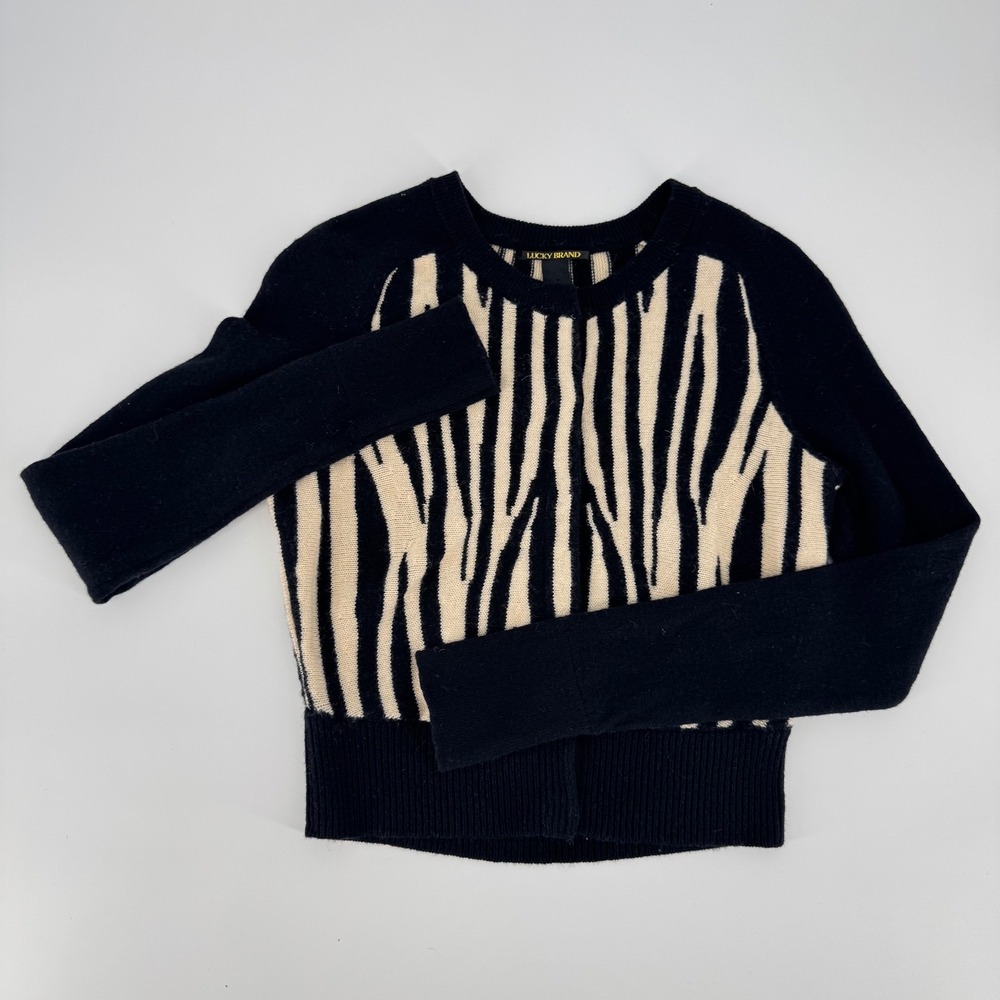 Lucky Brand Zebra Print Wool‎ Blend Cardigan Sweater XS Black Cream